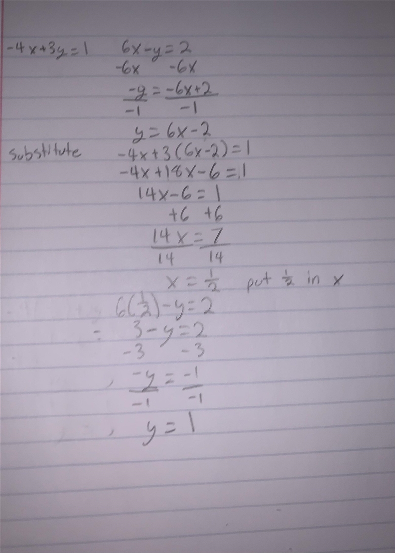 Solve the simultaneous equation -4x+3y=1 6x-y=2-example-1