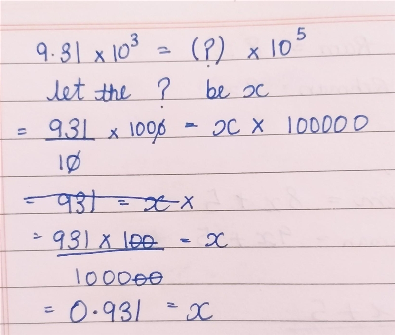 Fill in the blank. 9.31x10^3 = [ ? ]x 10^5-example-1