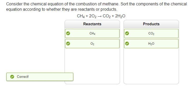 Consider the chemical equation of the combustion of methane. Sort the components of-example-2