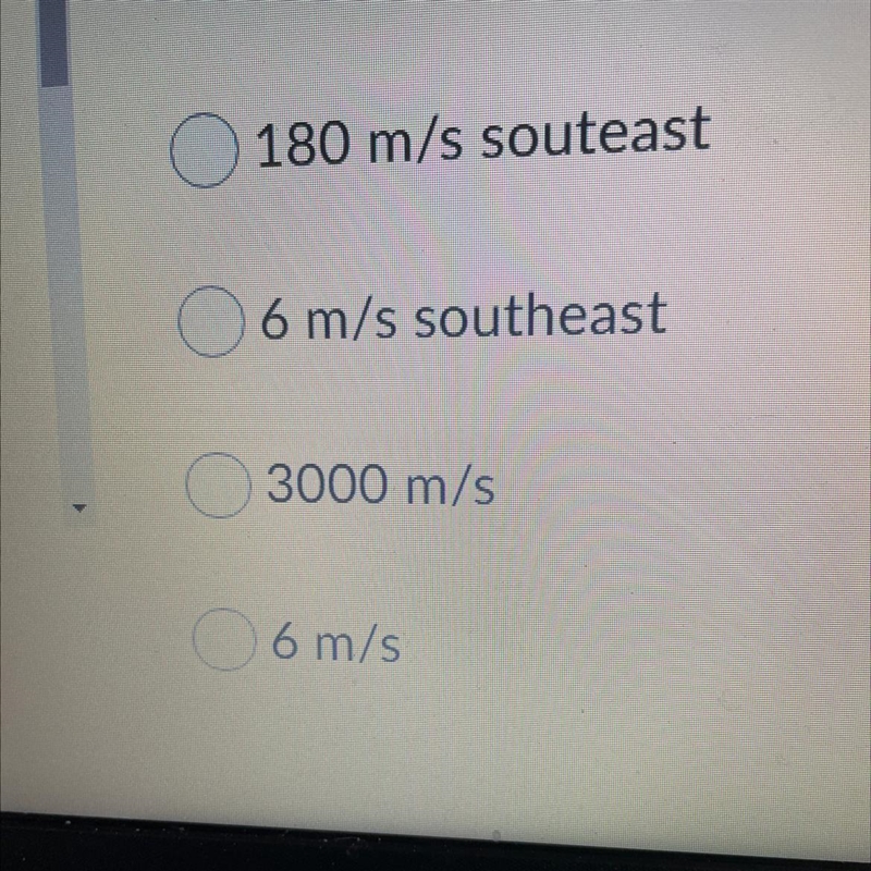 A car travels 180 m souteast in 30 s. What is it's average velocity?-example-1