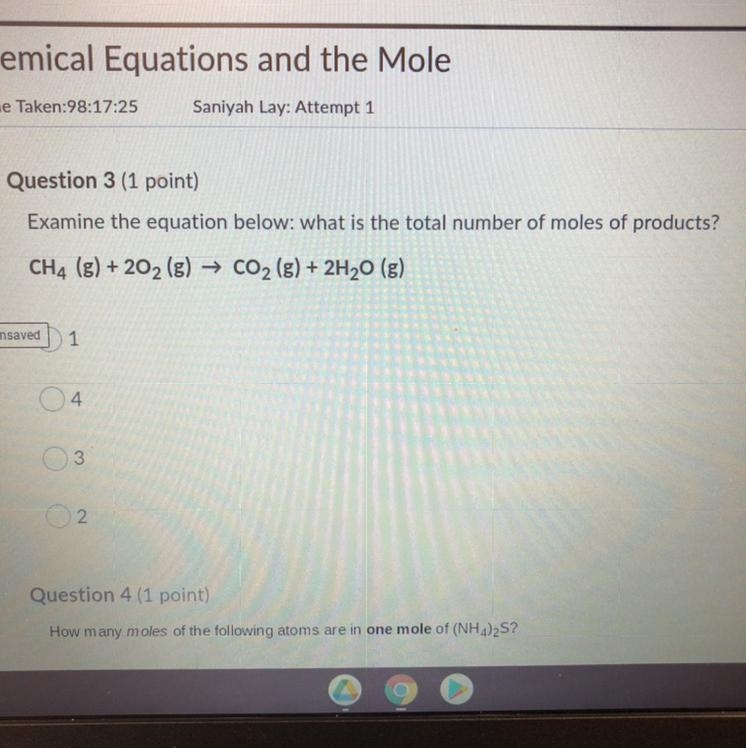 Examine the equation below: what is the total number of moles of products? CH4 (8) +202 (g-example-1