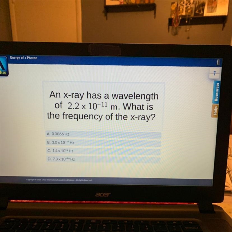 An x-ray has a wavelength of 2.2 x 10-11 m. What is the frequency of the x-ray? Help-example-1