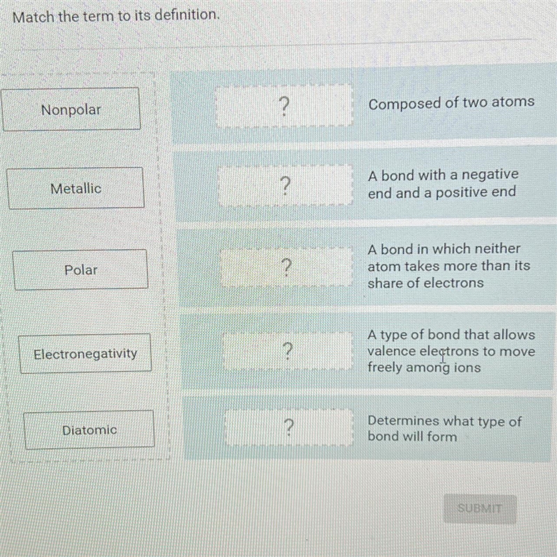 Match the term to its definition.Nonpolar2Composed of two atomsMetallic?A bond with-example-1