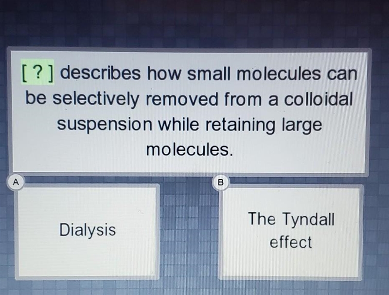 [?] describes how small molecules can be selectively removed from a colloidal suspension-example-1