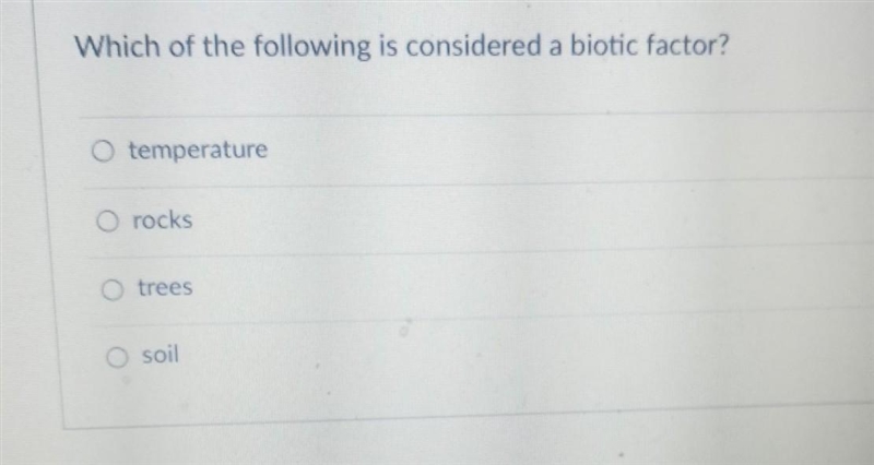 Which of the following is considered a biotic factor? Please help image below​-example-1