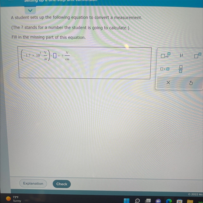 A student sets up the following equation to convert a measurement. (The ? stands for-example-1