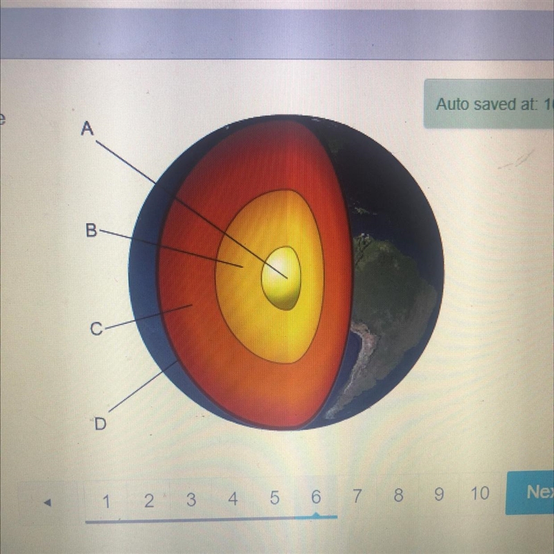 According to this diagram of the earth's interior, which part is the densest? А B-example-1