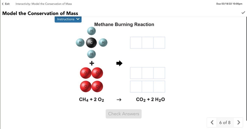 Model the chemical reaction between methane and oxygen. Drag the atoms from the reactants-example-1