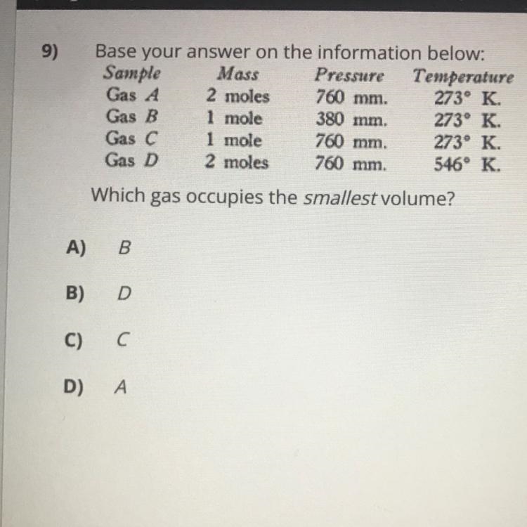 Base your answer on the information belowWhich gas occupies the smallest volumeA. BB-example-1