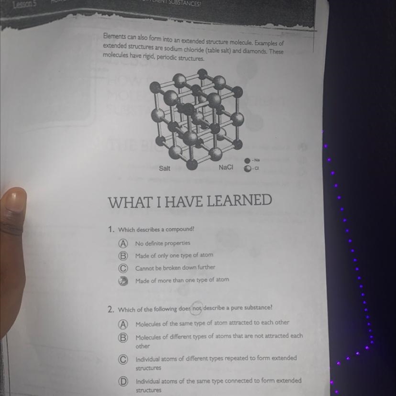 Help with number 2 2. Which of the following does not describe a pure substance? (A-example-1