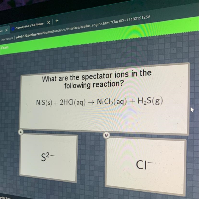 What are the spectator ions in the following reaction? NiS (s) + 2HCl(aq) NiCl₂(aq-example-1