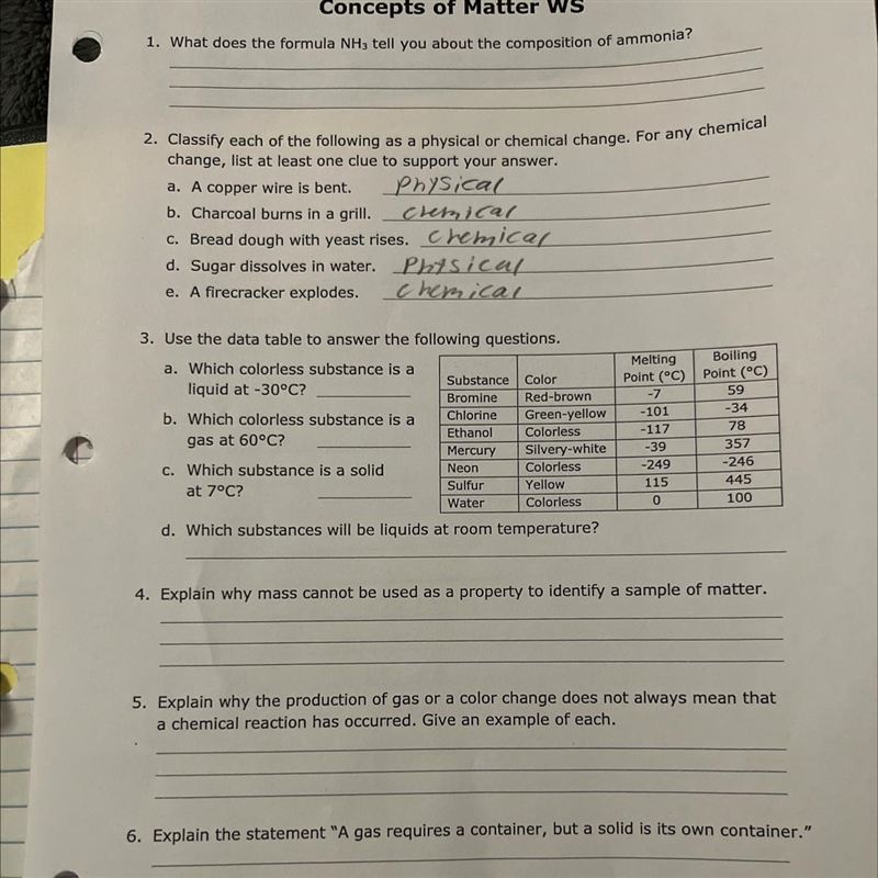 Concepts of Matter WS 1. What does the formula NH3 tell you about the composition-example-1