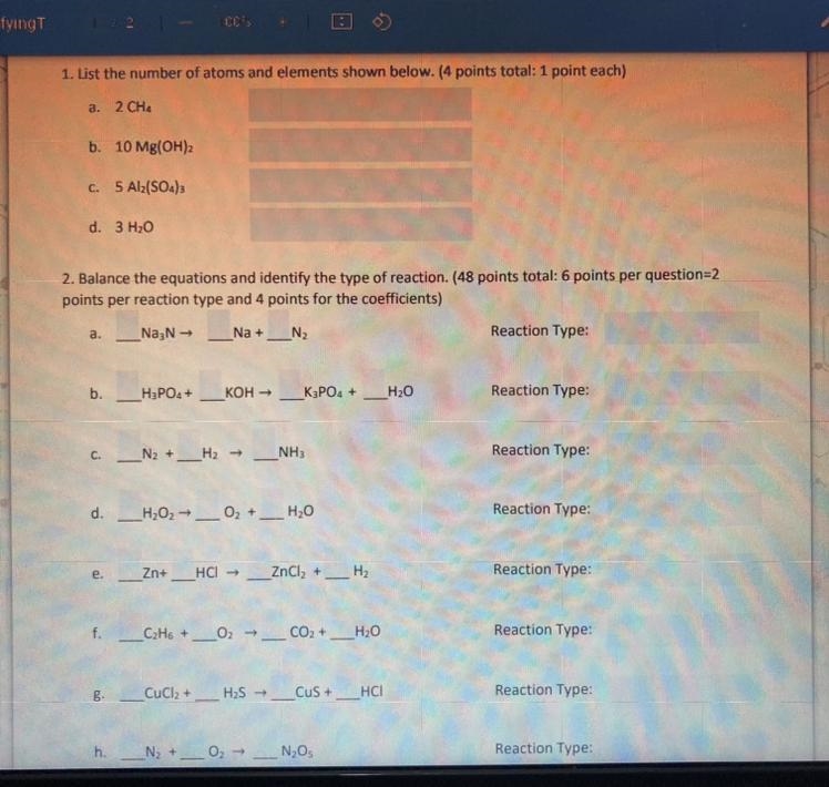 Balancing Chemical Equations and Identifying Types of Reactions Assignment. 10th grade-example-1