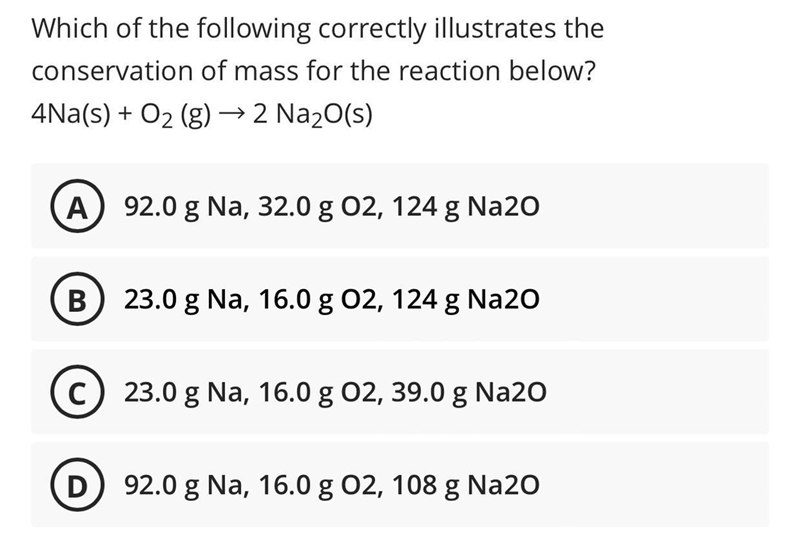 Which of the following correctly illustrates the conservation of mass for the reaction-example-1