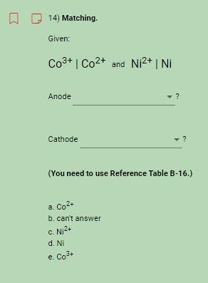 Problem: Co3+ | Co2+ and Ni2+ | NiAnode?Cathode?(You need to use Reference Table B-example-1