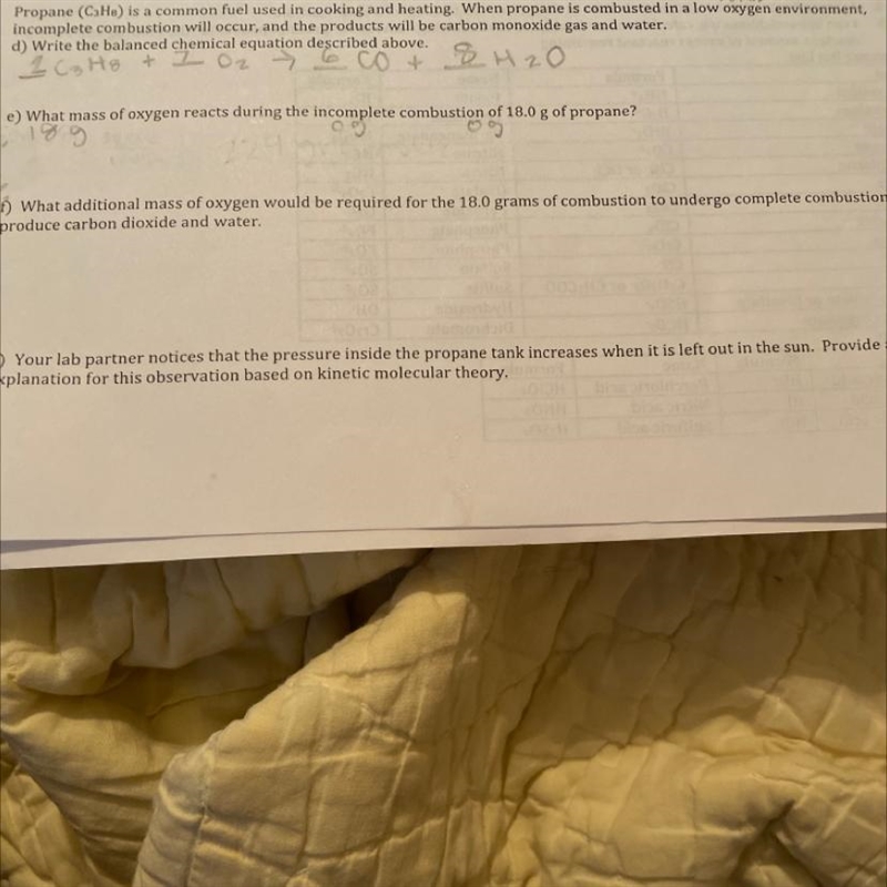 What mass of oxygen reacts during the incomplete combustion of 18.0 g of propane?-example-1