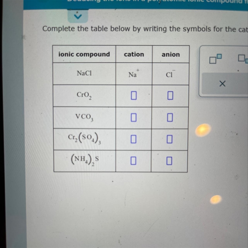 Pls help complete the table below by writing the symbols for the cation and anion-example-1