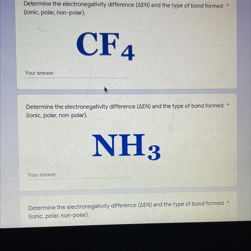 Determine the electronegativity difference (AEN) and the type of bond formed (ionic-example-1