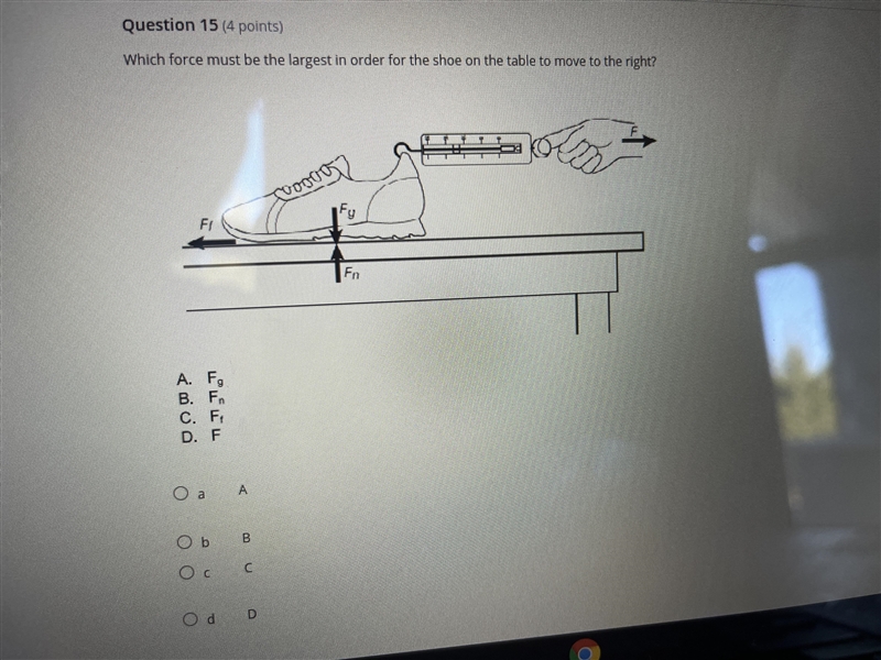 Which force must be largest in order for the shoe on the table to move to the right-example-1