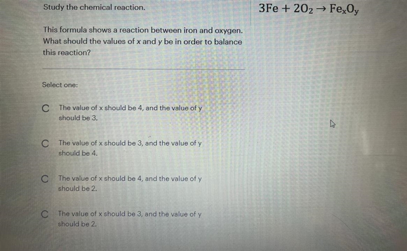 Study the chemical reaction. This formula shows a reaction between iron and oxygen-example-1