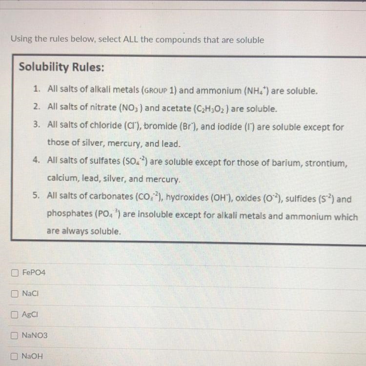 Using the rules below,select ALL compounds that are soluble-example-1