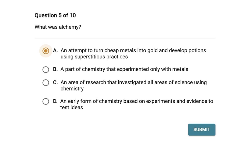 HELP. What was alchemy? A. An attempt to turn cheap metals into gold and develop potions-example-1