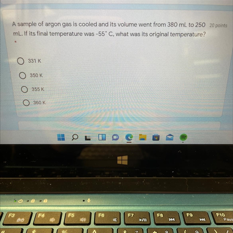 A sample of argon gas is cooled and its volume went from 380 mL to 250 20 points ml-example-1