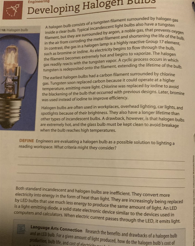 Engineers are evaluating a halogen bulb as a possible solution to lighting a reading-example-1