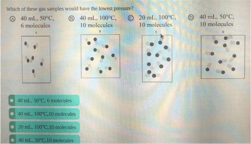 Which of these gas samples would have the lowest pressure?-example-1