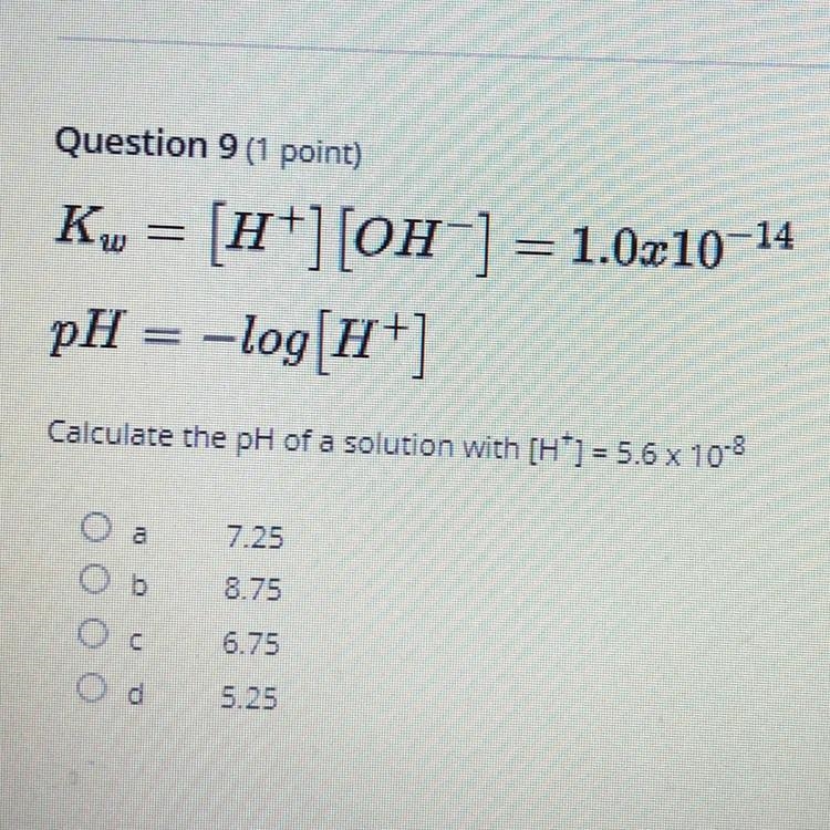 Calculate the pH of a solution with [H+] = 5.6 x 10^-8-example-1