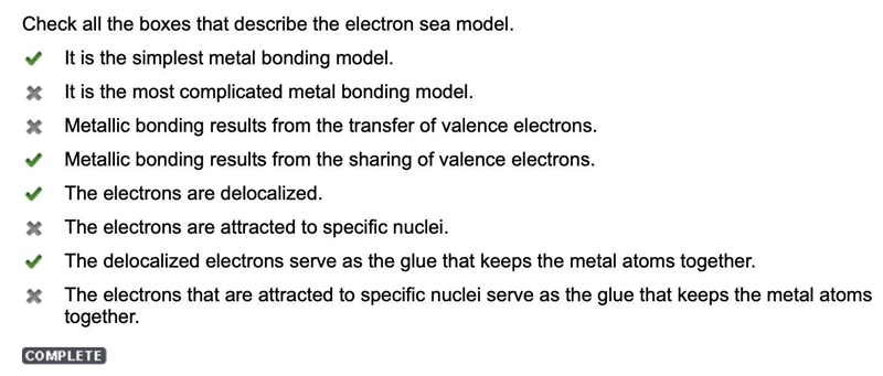 Check all the boxes that describe the electron sea model. It is the simplest metal-example-1