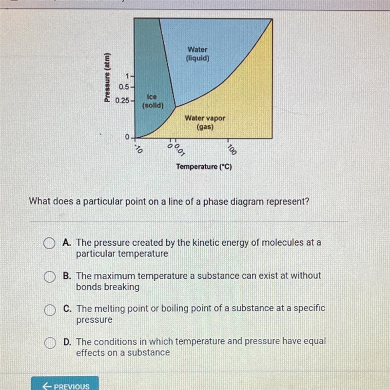 What does a particular point on a line of a phase diagram represent? A. The pressure-example-1