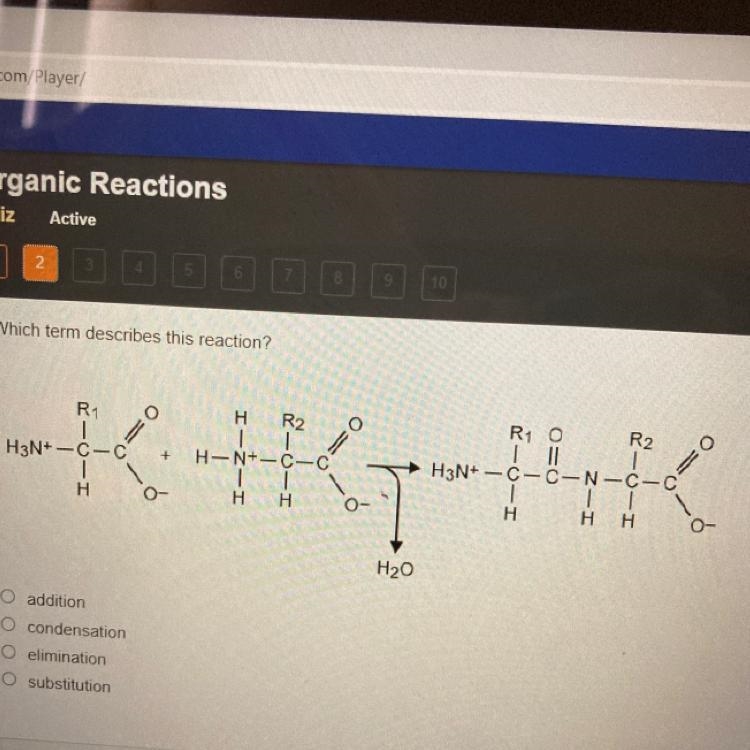 Which term describes this reaction? O addition O condensation O elimination O substitution-example-1