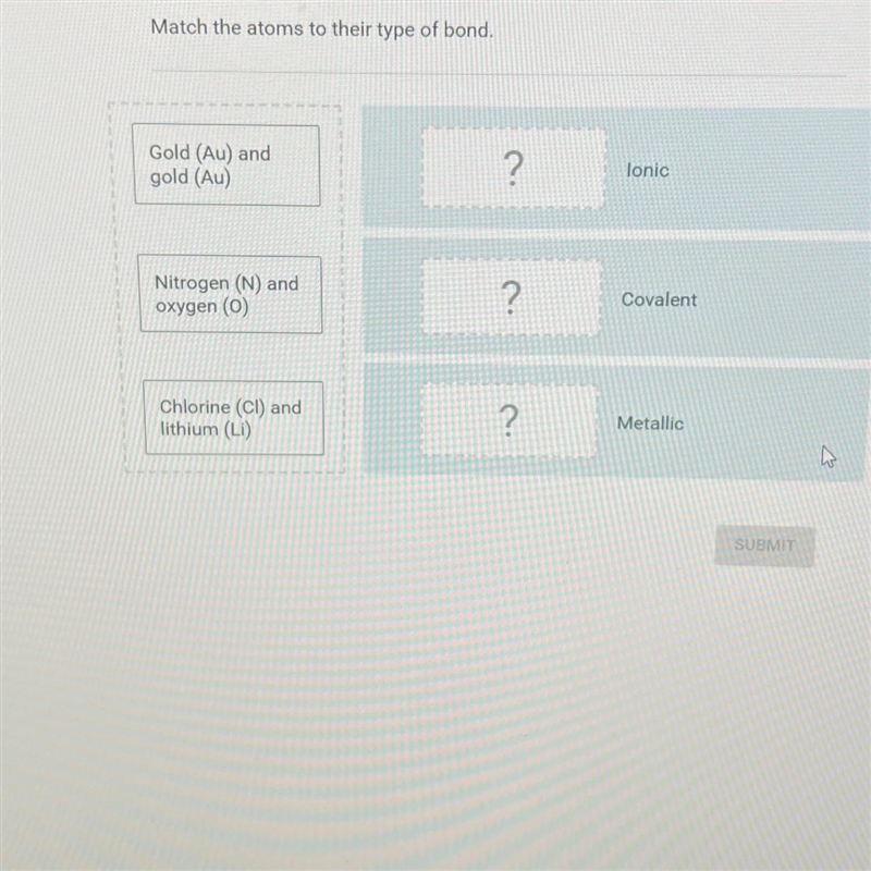 Match the atoms to their type of bond.Gold (Au) andgold (Au)2TonicNitrogen (N) andoxygen-example-1