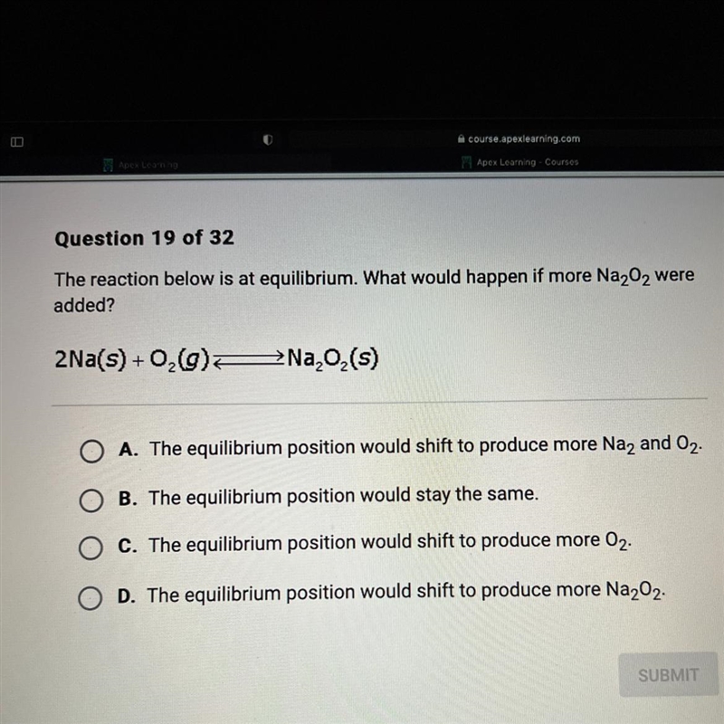 The reaction below is at equilibrium. What would happen if more Na₂O2 wereadded?-example-1