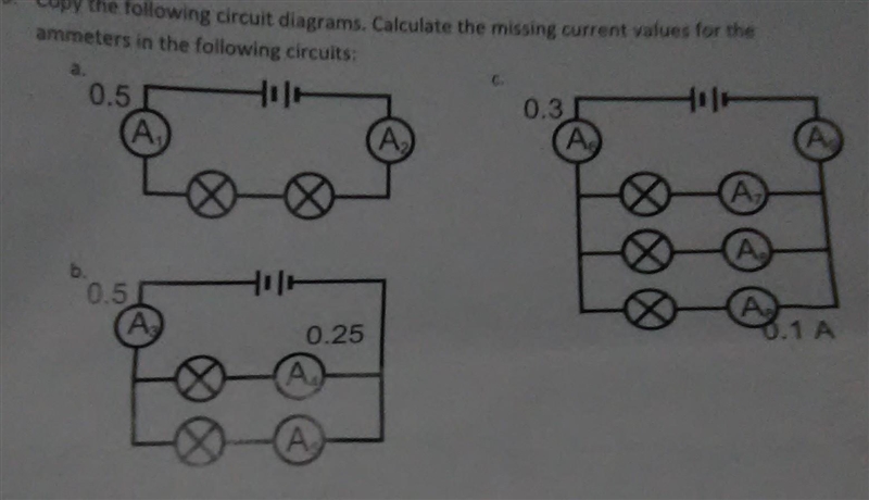 Copy the following circuit diagrams. Calculate the missing current values for the-example-1