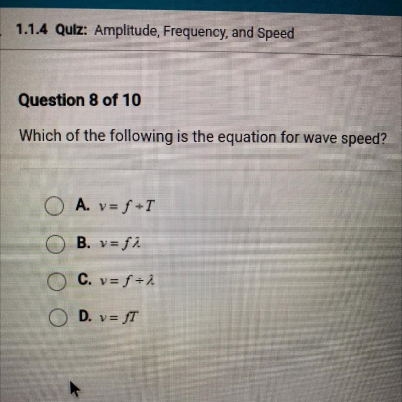 Which of the following is the equation for wave speed?-example-1