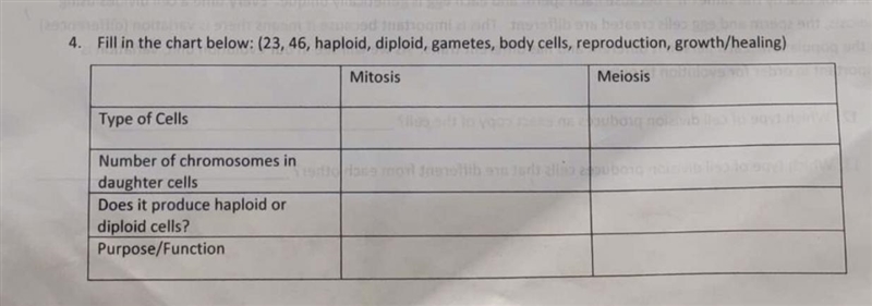 Fill the chart below (23.46.haploid,diploid,gametes, body cells, reproduction, growth-example-1