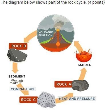 Which type of rock does B represent? A. Igneous rock B. Metamorphic rock C. Rock formed-example-1