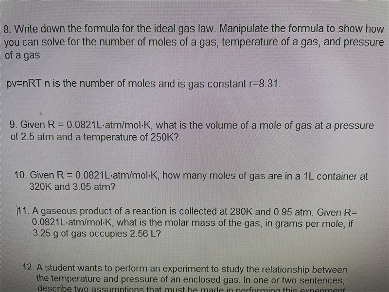 9: given our equals 0.0821L atm/mol•k what is the molar made of the gas in grams per-example-1