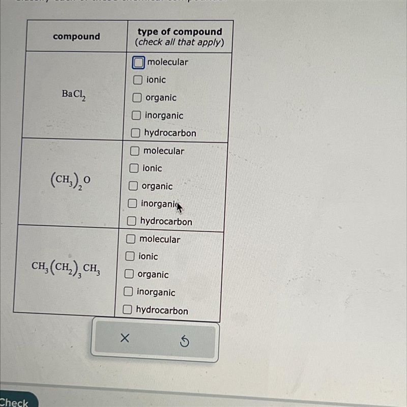 Classify each of these chemical compounds:compoundBaCl,(CH₂)₂0CH, (CH₂), CH,type of-example-1