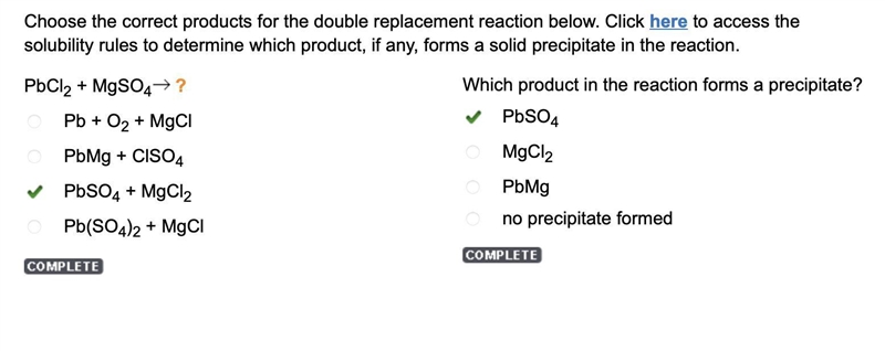 Choose the correct products for the double replacement reaction below. Click here-example-1