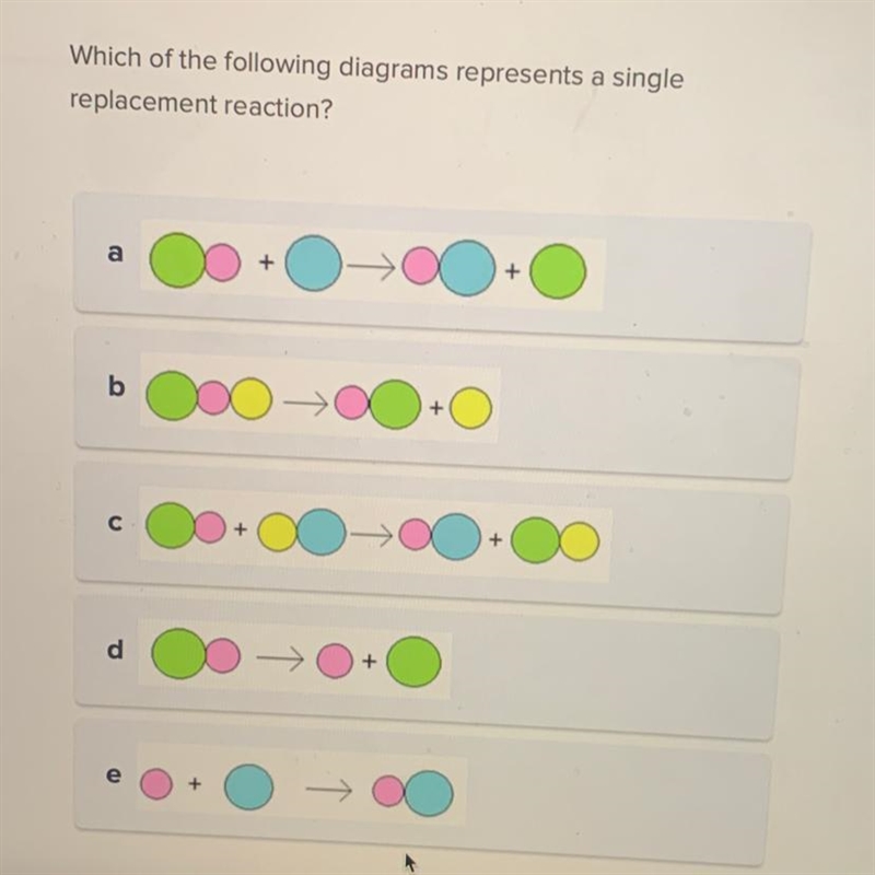 Which of the following diagrams represents a single replacement reaction?-example-1