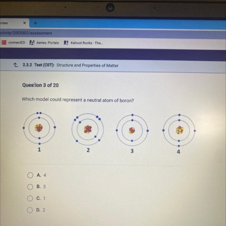 Which model could represent a neutral atom of boron? A. 4 B. 3 C. 1 D. 2-example-1