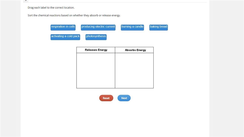 PLEASE HELP Sort the chemical reactions based on whether they absorb or release energy-example-1