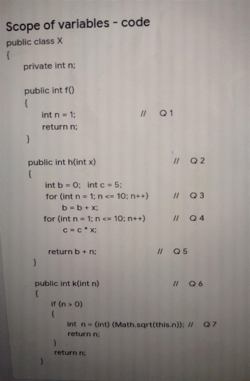 Which lines of the code, marked by Q, are legally declared based on the scope of the-example-1