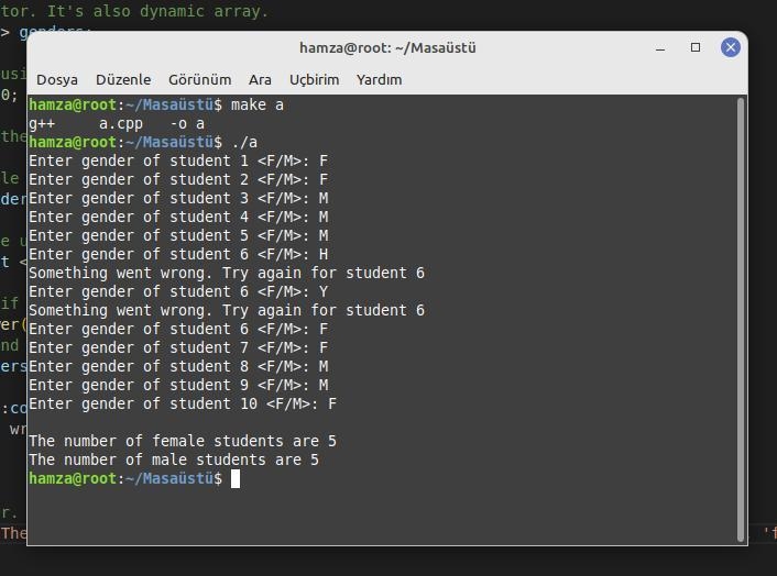 Using for loop,write a program that accepts a series of genders from a class of 10 students-example-1