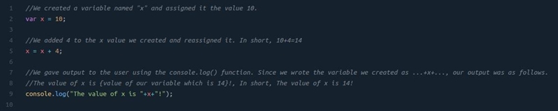 What's the output of the following code? var x = 10; x = x + 4; Console.log (“The-example-1