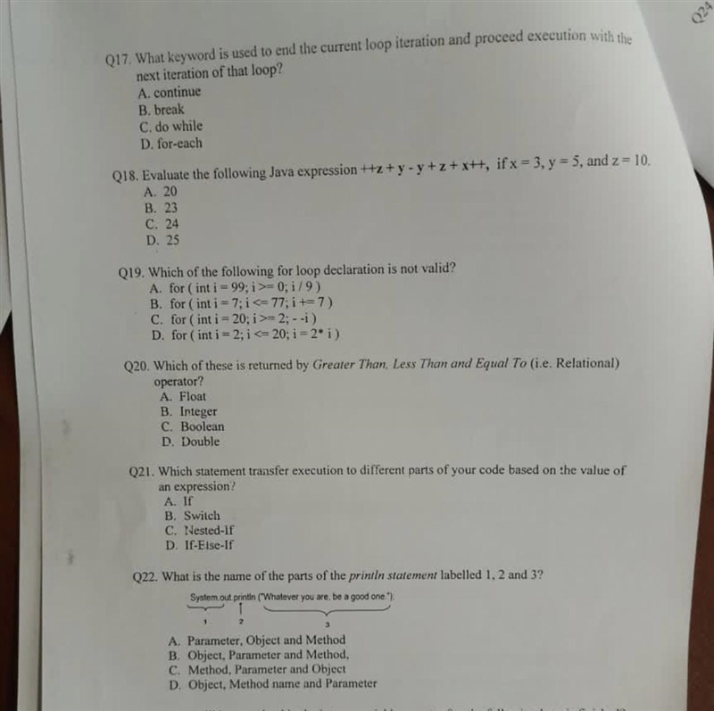 Q18. Evaluate the following Java expression ++z A. 20 B. 23 C. 24 D. 25 y+z+x++, if-example-1