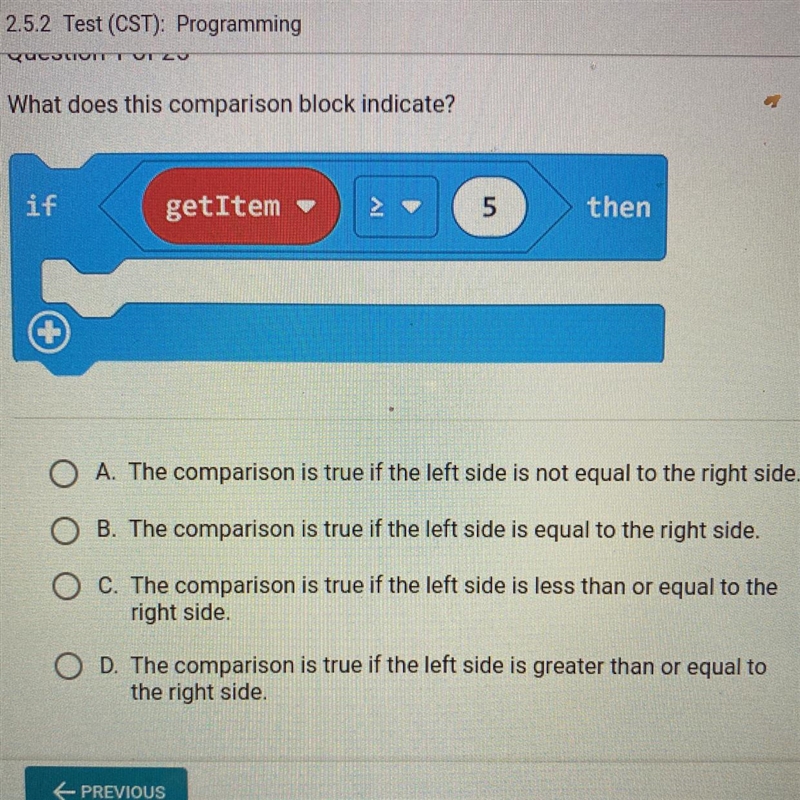 What does this comparison block indicate? OA. The comparison is true if the left side-example-1